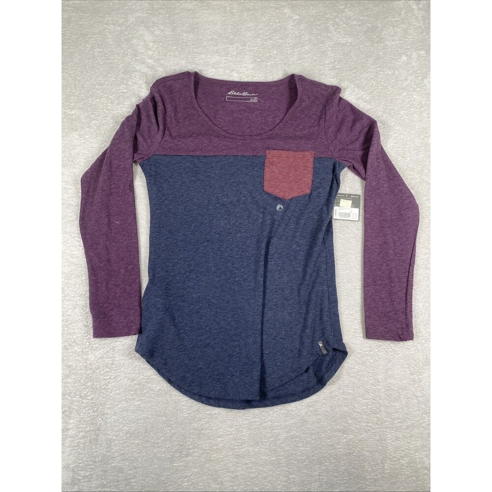 New Eddie Bauer Long Sleeve Blocked Pocket Tee Shirt Women's XS Lightweight Atla